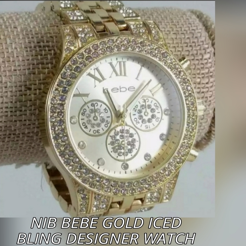 New BEBE NWOT BLING ICED GOLD ⌚ GORGEOUS 8" watch RHINESTONE CLAD